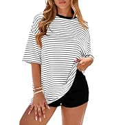 PRETTYGARDEN Womens Oversized Cute Tops Casual Striped Short Sleeve Shirt Women Trendy 2026 Sprin...
