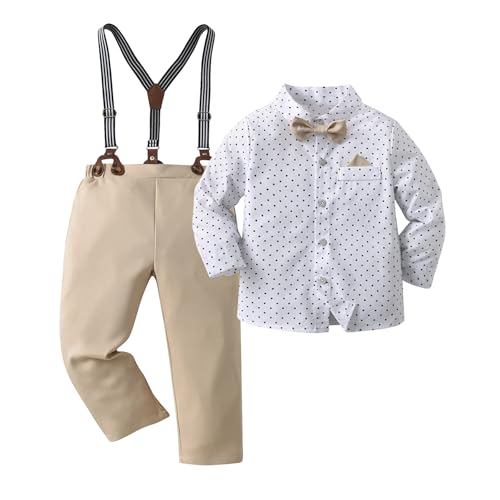 Image of Boarnseorl Baby Boys Pants Sets, Infant Long Sleeve Shirt + Pants + Bow Tie + Suspenders Outfits