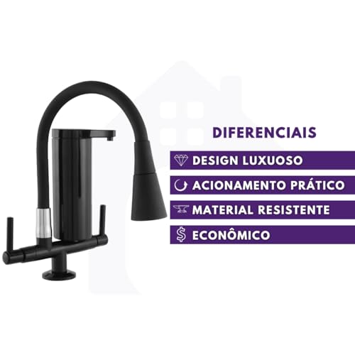 Torneira Gourmet Com Filtro Slim para Cozinha Preta de Bancada Mesa