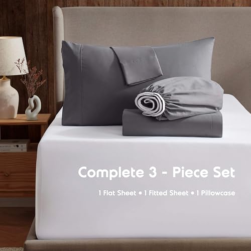 Image of Nestl Twin Bed Sheet Set - Dark Grey - 3-Piece Deep Pocket | Instantly Soft, Night-One Ready (No Wash Required). Fits 16-Inch Deep Pockets, 360-Degree Elastic Grip