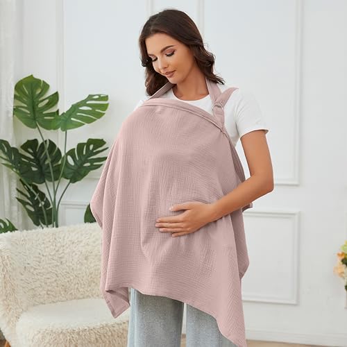 Image of Muslin Nursing Cover for Baby Breastfeeding, Breathable 100% Cotton Breastfeeding Cover with Rigid Hoop for Mother Nursing Apron (Light Pink)