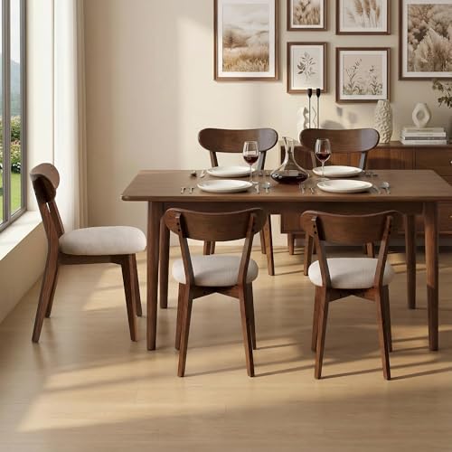Image of 100% Solid Wood Dining Chairs,Mid Century Modern Dining Chairs with Rounded Backrest,Kitchen,Dining Room Chairs Set of 1 /2 /4 (4, Walnut Color Grey Upholstery)