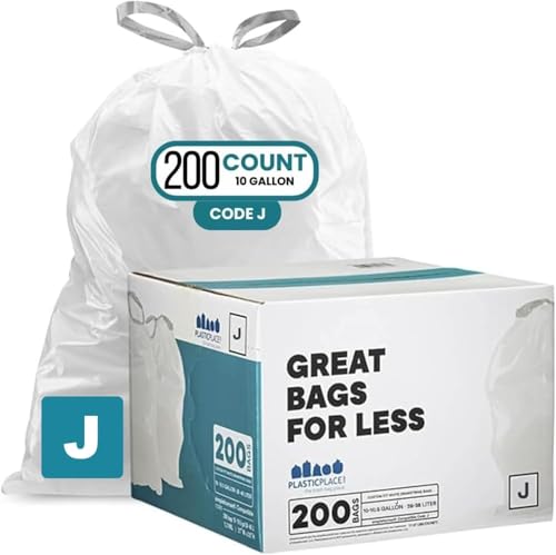 Plasticplace Custom Fit Trash Bags Compatible with Simplehuman Code J - 10-10.5 Gallon Drawstring Garbage Bags Tear-Resistant 200 Count White Trash Can Liners for Kitchens Bathrooms & Offices