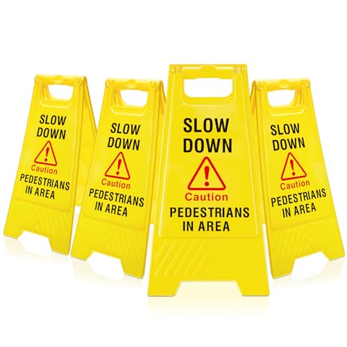 Geetery 4 Pcs Slow Down Sign for Floor Two Sided Folding Bright Yellow Warning Signs for Commercial Use