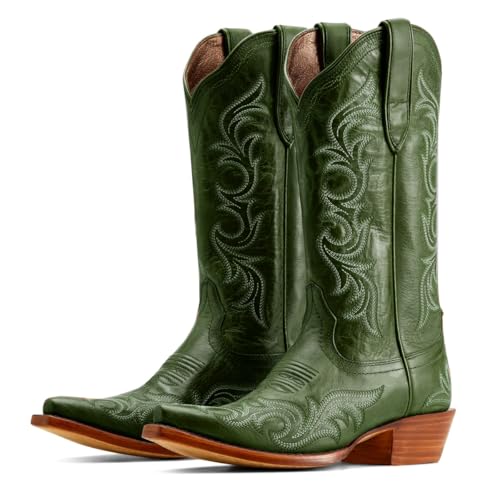 Women Vintage Western Boots Embroidered Knee High Cowboy Boots Chunky Stacked Heel Square-Pointed Toe Mid Calf Cowgirl Boots Metallic Matte Leather Pull On V Cut Fall Boot Exotic 4-11 M US