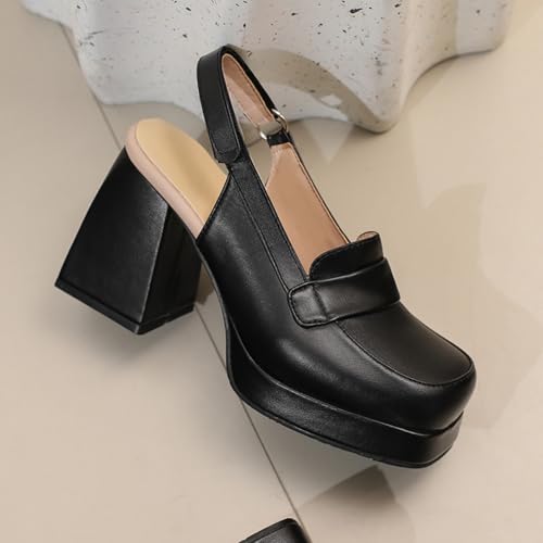 Women's Slingback Platform Mary Jane Pumps Square Toe Closed Mid Block Chunky High Heels Wedding Party Prom Dress Shoes3