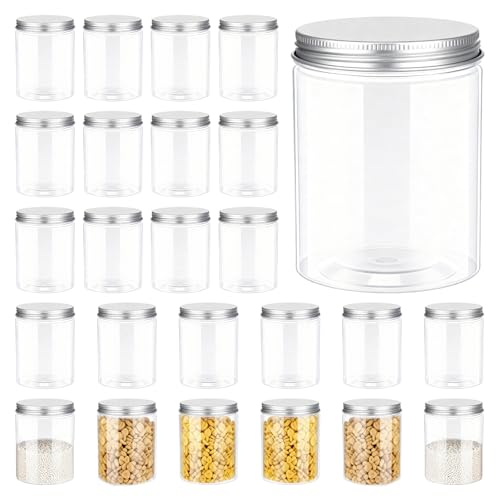 Vankcp 24 Pack 8oz Clear Plastic Mason Jars with Silver Lids, Transparent Round Food Jar, Refillable Empty Storage Containers for Kitchen, Small Spice Jar for Cookie Candy Dried Fruit Nuts