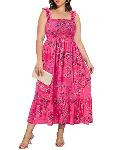 Image of Plus Size Summer Dress - Sun Boho Beach Casual Floral Spaghetti Strap Sleeveless Long Maxi Dresses