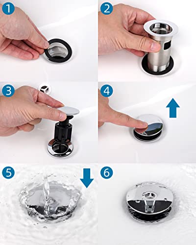 Hibbent 2 Pack Metal Bathroom Sink Drain with Overflow, Pop Up Detachable Stopper, Stainless Steel Vessel Lavatory Vanity Sink Strainer, Anti-Clogging Design, Chrome - image 8