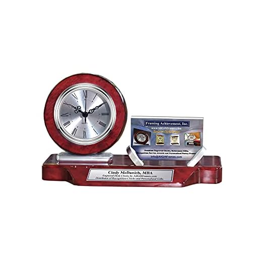 AllGiftFrames Engrave Name Plate Desk Clock Business Card Holder Display Table Stand Desktop Case Silver Mahogany Wood Employee Promotion Graduation Gift Corporate Company Service Award