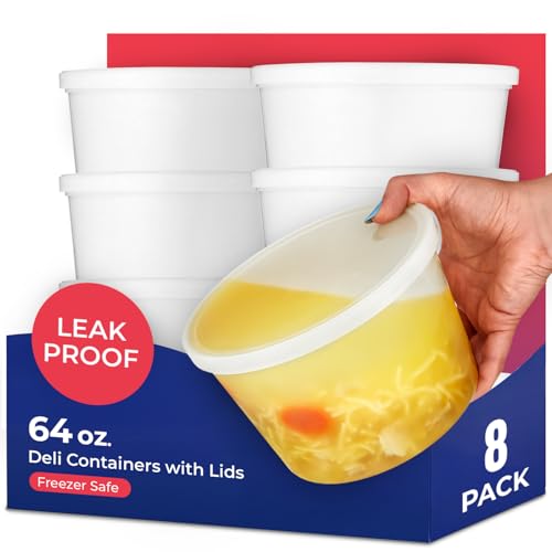 Stock Your Home 64 oz Plastic Deli Containers with Lids (8 Pack), Half Gallon Reusable Freezer Containers, Disposable Food Storage Containers with Lids, To Go Soup, Microwave Safe