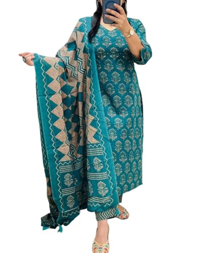 Image of Rangnavi Women's Cotton Trending Straight Kurta with Pants and Dupatta Set | Ethnic Set (Teal)