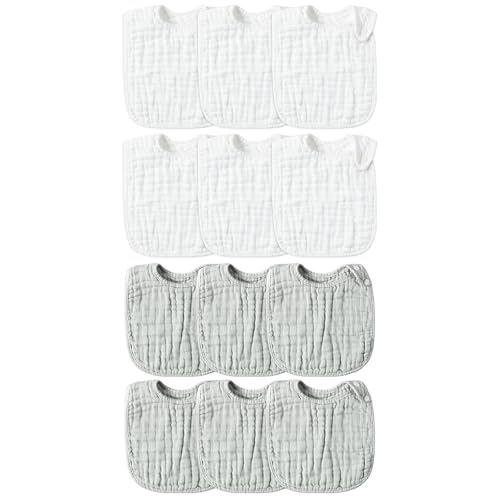 Zainpe Snap Muslin Cotton Baby Bibs White 6Pcs & Grey 6Pcs Infants Drooling Bib with 6 Absorbent Soft Layers Unisex Burp Cloths for Toddlers Girls Boys Newborns