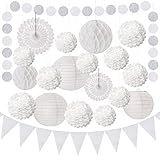 MAOOY Weiß Hochzeit Deko Papierfächer Pompons 20 Stück Hochzeitsdeko Dekorations Set Wabenbälle Seidenpapier Fächer Wimpelkette Blumen Für Hochzeit Karneval Party Babyparty Weihnachten Geburtstag