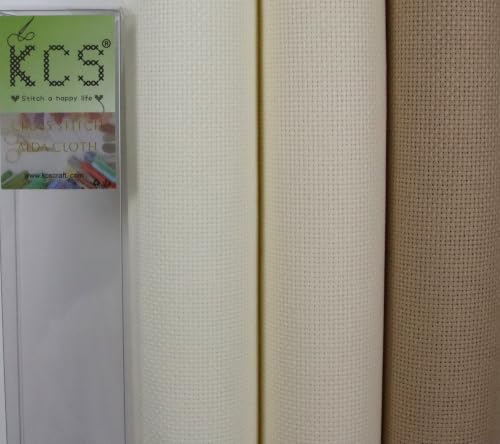Image of KCS 3 pc of 15 inch x 18 inch(38cmx45cm) 16 Count Cross Stitch Cotton Aida Cloth Needlework Rolled Fabric Box,16CT,Antique White +Cream+Khaki