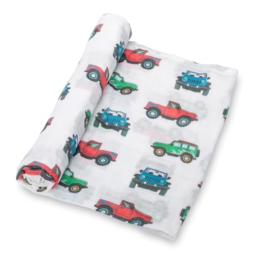 Image of LollyBanks Muslin Swaddle Blankets, 100% Cotton Baby Boy Blanket 47 x 47 Inches, Soft Baby Swaddle Breathable, Muslin Blankets for Boys, Newborn Essentials, Registry (Vehicle Print)