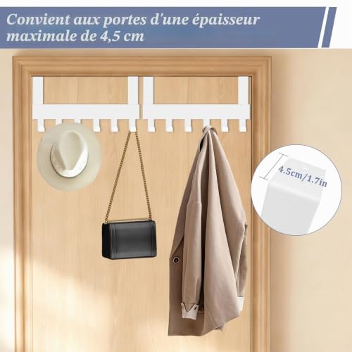 Primasage 2 Pièces Porte Manteau pour Porte,Crochet de Porte en Acier Inox avec 6 Crochets, Cintre Économisez de L'espace Patère de Porte À Suspendre pour Salle de Bain Salon Cuisine Chambre（Blanc） – vue 5