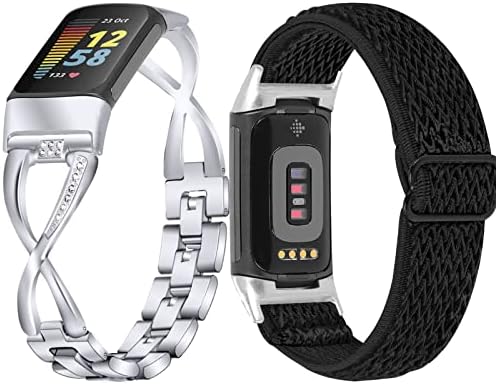 Gimuk Compatible with Fitbit Charge 5 Band Strap Metal Stainless Steel Adjustable Bling Rhinestone Replacement Strap Wristbands for Women Girls Bracelet for Charge 5 Fitness Tracker