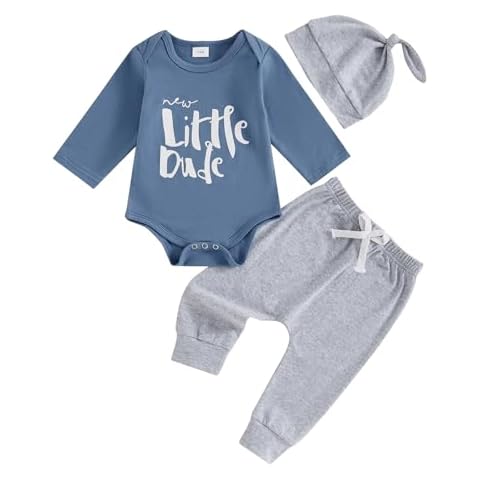 Madjtlqy Little Dude Newborn Baby Boy Fall Clothes Long Romper Bodysuit Jogger Pants Set 3Pcs Infant Coming Home Outfit (Blue little dude, Newborn) Cover