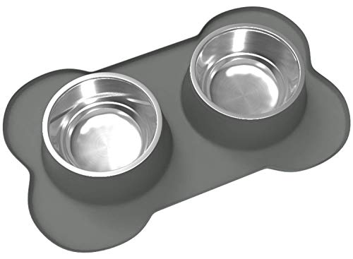 Dog Bowls & Mat Set - 2 Large Capacity 27oz (54oz Total) Removable Stainless Steel Bowl Set in a Stylish No Mess, No Spill, Non Skid, Silicone Mat. Food & Water Bowls for Medium to Large Dogs Grey