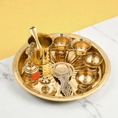 Bhimonee Decor 9 inch Brass Puja Thali Set | 8 Pcs Traditional Po...