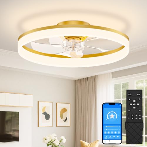 Image of VOLISUN Low Profile Ceiling Fans with Lights and Remote, 20in Fandelier Ceiling Fan Flush Mount, 3000K-6500K Smart Bladeless LED Fan Light, Gold Modern Ceiling Fans with Lights for Bedroom