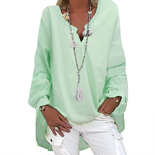 Pullover Leinenbluse Damen V-Ausschnitt Große Größen Longbluse Damen Langarmshirt Leinen Baumwolle Hemd Oberteile Einfarbig Shirt Leinen Blusenshirt Lange Lässiges Tunika Damen Sommer