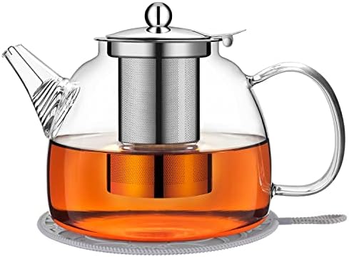 45oz/1350ml Glass Teapot with Removable Infuser & Spout Filter & Coaster, Loose Leaf and Blooming Tea Maker, Stovetop & Microwave Safe Borosilicate Glass Tea Kettle (Silicone Coaster)