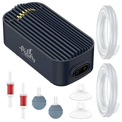 Pawfly Aquarium-Luftpumpe, 416 L/h Luftpumpe für Aquarien bis zu 606 L, extrem leise, einstellbare Sauerstoffpumpe mit Luftschlauch, Ausströmerstein und Rückschlagventil, Belüfter für Fische