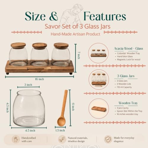 Image of Savor Storage Jar Set - Glass & Acacia Wood with Tray - Multipurpose Storage for Kitchen & Decor (Set of 3)