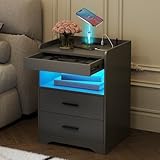 dnbss Nightstand with Lockable Gun Drawer, Bedside Table with Charging Station, USB & Type-C Port, Modern Night Stand with LED Light Strip, 3 Color Dimmable Lighting (Grey)