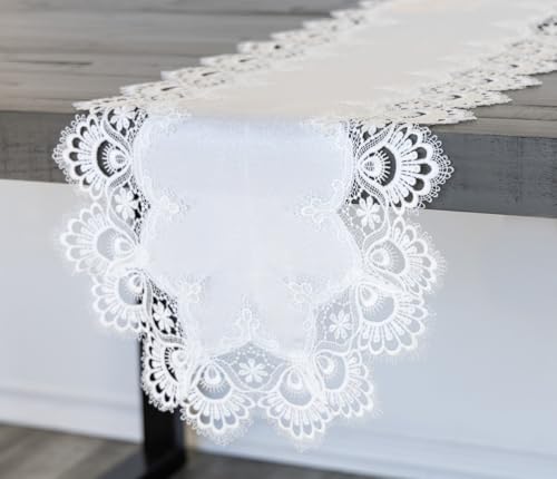 LINENS Art and Things Lace Table Runner White European Peacock Tail Jacquard Dresser Scarf (16Wx35L)