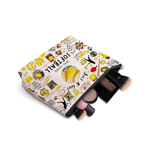 Softball Gifts Makeup Cosmetic Bag for Women, Birthday Gifts for Softball Lovers Players Fans, Softball Stuff Accessories Gifts for Team Coach, Softball Travel Bag Pouch Purse for Female Friends