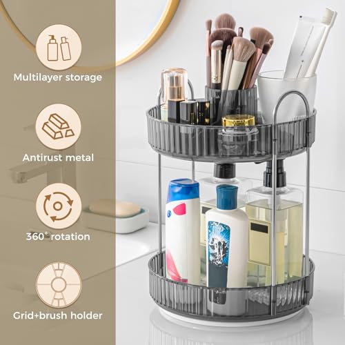Image of 360 Rotating Makeup Organizer, Upgraded 2 Tier Skincare Perfume Organizers for Women, Bathroom Organizer Countertop, Clear Cosmetic Dresser Organizer with Makeup Brush Holder, Sink&Counter(Grey)