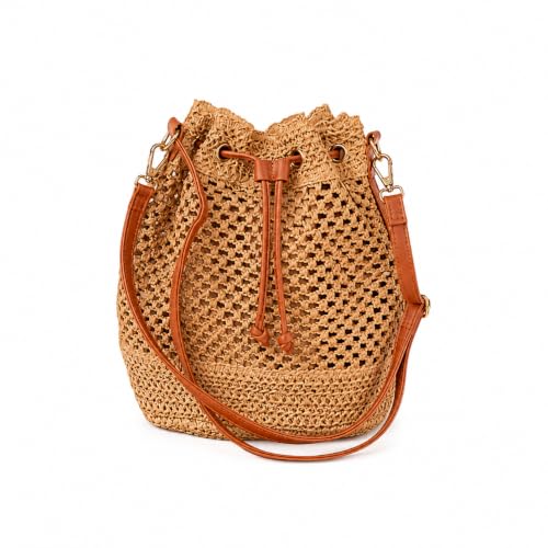 Image of Handmade Woven Straw Bucket Bag for Women Summer Casual Shoulder Purse Boho Style Drawstring Closure Lightweight Crossbody Tote Natural Fiber Beach Bag Travel Accessory with Adjustable Strap