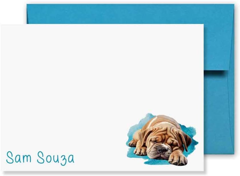 KAI KAI MARKET | Bulldog Dog | Personalized Stationery | Flat Note Cards and Envelopes | Sleepy Dog, Puppy | Thank You Cards |