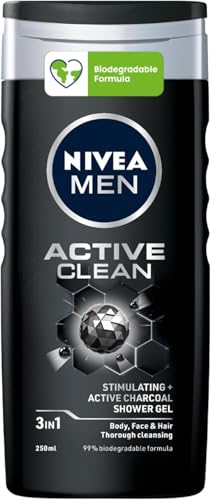 NIVEA MEN Active Clean Doccia Shampoo 6 x 250 ml, Docciaschiuma uomo rinfrescante per corpo, viso e capelli, Shampoo uomo purificante con Carbone Attivo naturale