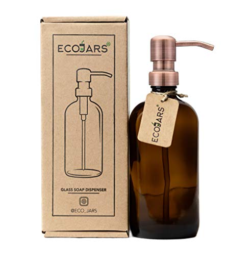 Dispensador de jabón de cristal ámbar con cobre rosa de color antiguo, dispensador de acero inoxidable, sin BPA, respetuoso con el medio ambiente, 500 ml, caja de regalo para inauguración de la casa Cover