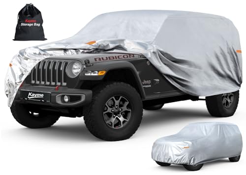 Kayme 6 Layers Car Cover Custom Fit for Jeep Wrangler 4 Dr/Unlimited 4 Door JK JL, Waterproof All Weather for Automobiles, Outdoor Full Cover Rain Sun UV Protection.Silver