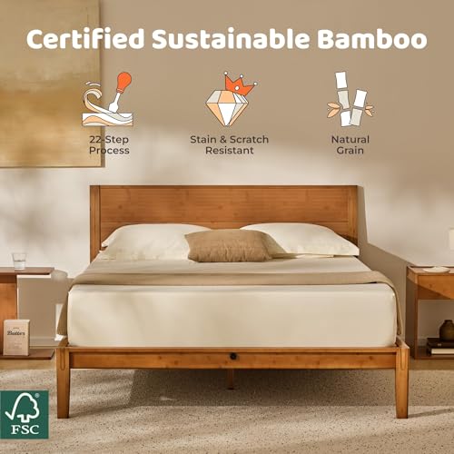 Image of RECCI Japanese Joinery California King Bed Frame, Mid-Century Modern Solid Bamboo Wood Platform Bed with Tall Headboard, Tool-Free Assembly, Heavy Duty Slat Support, 9-Inch Underbed Storage