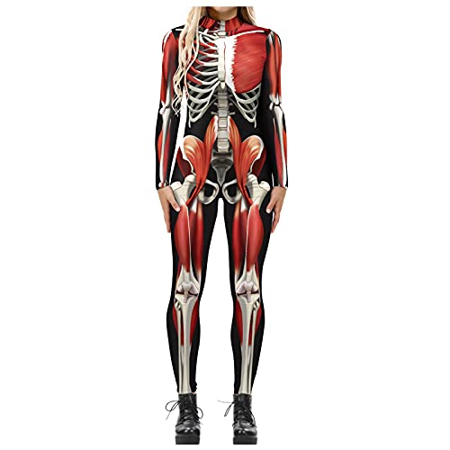 Costume da donna rosso con scheletro di teschio, tuta per