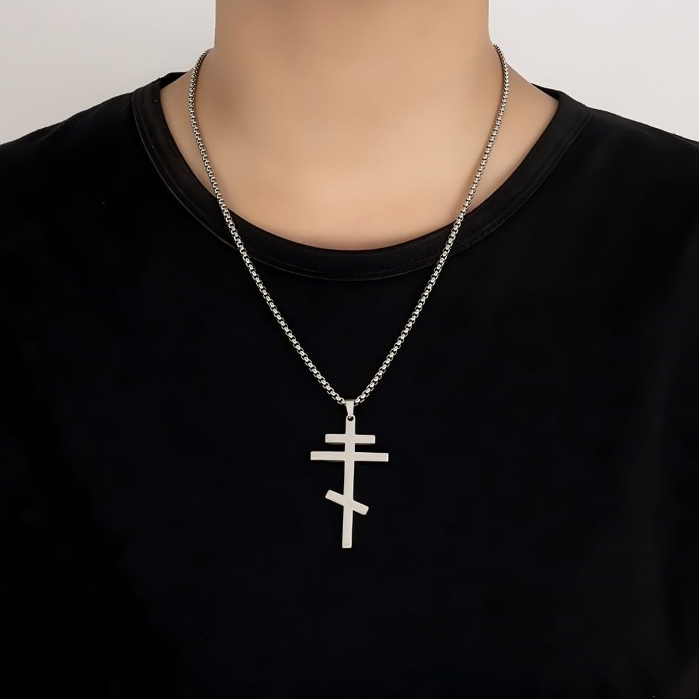 Orthodox stainless steel cross necklace for men and women, simple and retro silver glossy titanium steel cross pendant - Image 5