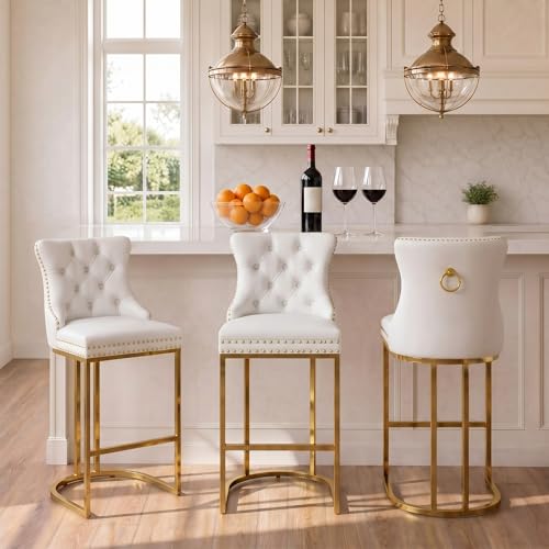 Image of UVV Counter Height Bar Stools Set of 3, 26 inch Modern Barstools with Back, Frbric Upholstery Counter Chairs with Metal Legs for Kitchen Island, Bar, Counter, White