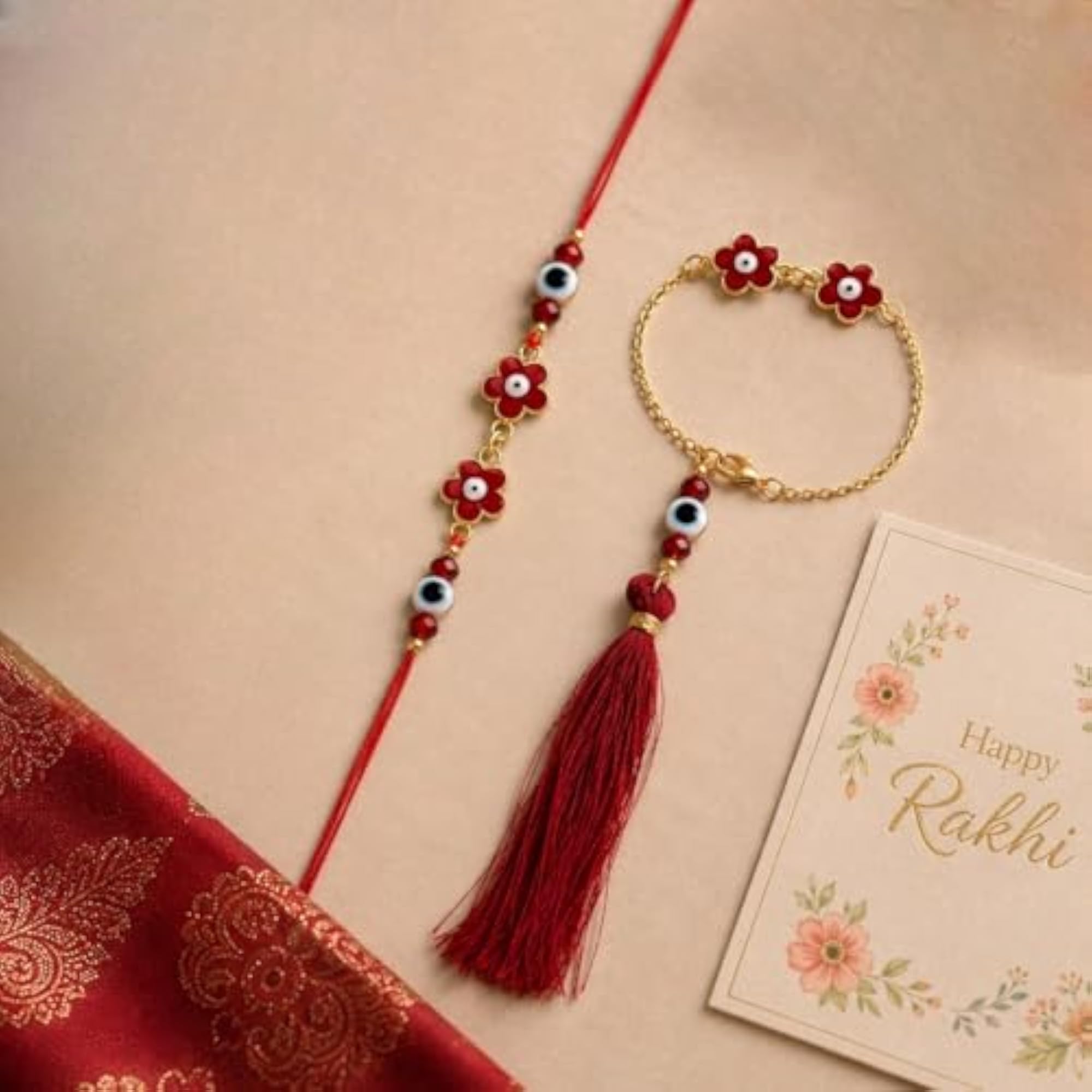 Handcrafted Floral Evil Eye Couple Rakhi Set