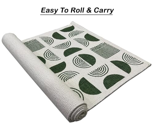 Image of SAGON 2x5 Ft Printed Runner Carpet - Cotton Bedside Rug for Bedroom & Living Room (Green Half Moon)