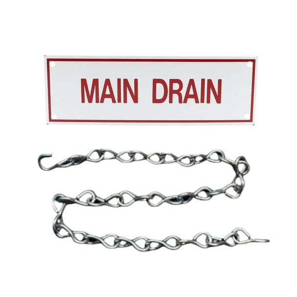Main Drain Sign, Aluminum, 6" x 2" (Sign With 12 Inch Chain, (1) Unit)