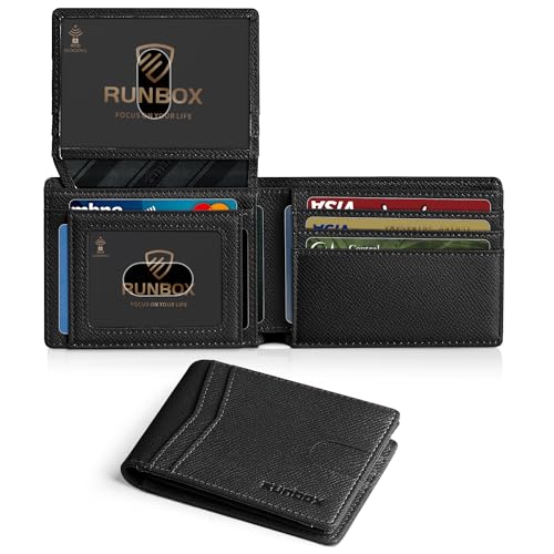 RUNBOX Carteira masculina fina de couro RFID 2 porta-documentos com caixa de presente, Palmeira preta, Minimalista