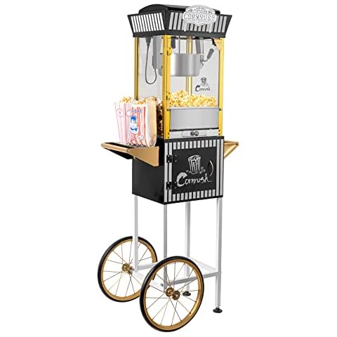 Cornrush Popcorn Maker Professional Cart Retro Classic Popcorn Popper Machine 8 Ounce with Nonstick Kettle for Home Use, Party and Birthday Gift, Black Cover