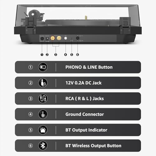 Image of Record Player Wireless Output Turntable Carbon Fiber Tonearm Vinyl Player Aluminium Platter Belt-Drive LP Turn Tables 2 Speed RPM Phono RCA Line Output AT-3600L MM Cartridge Audio Sound Pure Black