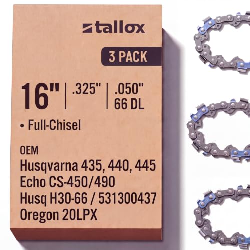 tallox 16-Inch Chainsaw Chains 3-Pack – .325" .050" Gauge, 66 Drive Links – Full Chisel Saw Chain fits Husqvarna 435 440 445 450, Echo CS-450 CS-490, Jonsered H30-66, 531300437, Oregon 20LPX066G M66